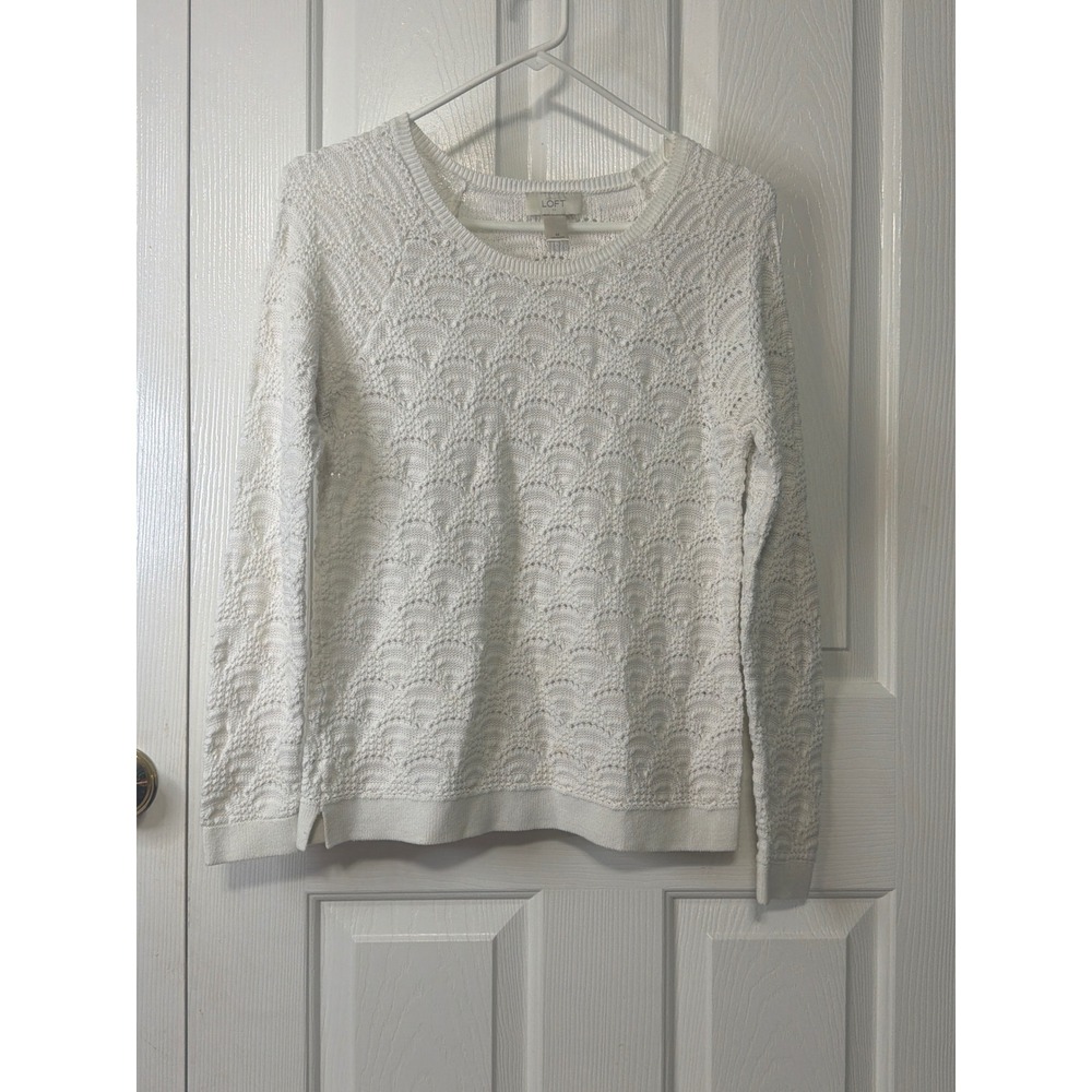 Loft Womens Cream White Pointelle Scallop Knit Crew Neck Sweater Size M